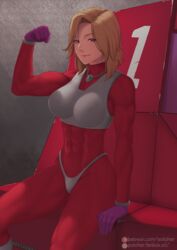  abs blonde_hair bodysuit breasts clenched_hand closed_mouth commentary commission english_commentary f-zero female gloves hand_up highres looking_at_viewer medium_breasts monique_l&#039;amoreaux patreon_username purple_eyes purple_gloves putcher queen_meteor red_bodysuit short_hair sitting solo watermark web_address 