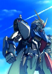  banchengping@126 beam_saber clenched_hand cloud commentary green_eyes gundam looking_ahead mecha mobile_suit_gundam no_humans original robot science_fiction sky solo v-fin 