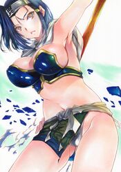  absurdres armpits ass_visible_through_thighs blue_hair breasts cleavage closed_mouth cowboy_shot female fundoshi hair_ornament hairclip headband highres japanese_clothes medium_breasts navel red_eyes rozarin sengoku_otome short_hair single_hair_intake solo thighs torn_clothes traditional_media uesugi_kenshin_(sengoku_otome) white_headband 