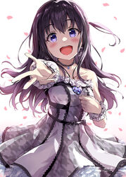  :d ayano_yuu_(sonma_1426) bare_shoulders birthday black_hair blue_eyes blush breasts collarbone dress falling_petals female frilled_cuffs fur-trimmed_dress fur_trim happy_birthday heart-shaped_gem highres idol idoly_pride jewelry long_hair looking_at_viewer medium_breasts nagase_mana one_side_up open_mouth pendant petals purple_eyes reaching reaching_towards_viewer romaji_commentary skirt sleeveless smile solo teeth upper_body upper_teeth_only white_dress 