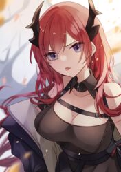  :p arknights bare_shoulders black_collar black_dress black_jacket breasts cleavage collar collarbone demon_horns detached_collar dress female highres horns jacket large_breasts long_hair looking_at_viewer off_shoulder open_clothes open_jacket purple_eyes red_hair saiko_(saisaka) solo surtr_(arknights) tongue tongue_out upper_body v-shaped_eyebrows 