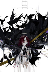  angel arknights bird blackcat_enjia blood blood_from_mouth character_name commentary_request crow detached_wings energy_wings exusiai_(arknights) female hair_over_one_eye halo highres open_mouth red_eyes red_hair short_hair skeleton solo wings 