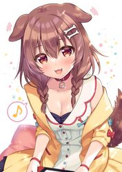  :3 :d animal_collar animal_ears blush bone_hair_ornament braid breasts brown_hair choker cleavage collar collarbone commentary cowboy_shot dog_ears dog_girl dog_tail dress ear_wiggle fangs female glint hair_between_eyes hair_ornament hair_over_shoulder hololive inugami_korone inugami_korone_(1st_costume) jacket long_hair looking_at_viewer medium_breasts musical_note nintendo_switch off_shoulder open_mouth red_choker red_eyes side_braids simple_background sleeveless sleeveless_dress smile solo sparkle spoken_musical_note sumisaki_yuzuna tail twin_braids twintails virtual_youtuber white_background white_dress wristband yellow_jacket 