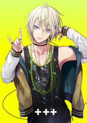  1boy \n/ bare_shoulders black_tank_top blonde_hair chain_necklace chains choker closed_mouth cross ear_piercing earrings fingernails hakuseki hands_up head_tilt jacket jewelry long_sleeves looking_at_viewer male_focus multiple_earrings multiple_rings necklace off_shoulder open_clothes open_jacket original pendant piercing ring simple_background smile solo tank_top thumb_ring upper_body yellow_background 