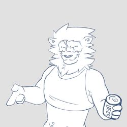  1:1 absurd_res alcohol anthro armpit_hair athletic beer beverage beverage_can body_hair bottomless clothed clothing crop_top crop_top_lion_(mrjosh47) digital_drawing_(artwork) digital_media_(artwork) felid hi_res lion male mammal mane midriff mrjosh47 pantherine pantsless pubes pubes_exposed sharp_tooth shirt shirt_only smile smirk snaggle_tooth solo topwear topwear_only v-cut 