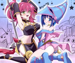  2girls ahoge armpits arms_up bare_shoulders between_legs blue_eyes blue_footwear blue_hair breasts chaya_mago choker cosplay dark_magician_girl dark_magician_girl_(cosplay) detached_sleeves duel_monster evil_twin_ki-sikil evil_twin_lil-la green_eyes hat highres ki-sikil_(yu-gi-oh!) kuriboh large_breasts lil-la_(yu-gi-oh!) multiple_girls open_mouth pink_hair ponytail sevens_road_witch sevens_road_witch_(cosplay) short_hair sleeveless staff thighhighs witch_hat yu-gi-oh! 