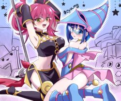  2girls ahoge armpits arms_up bare_shoulders between_legs blue-tinted_eyewear blue_eyes blue_footwear blue_hair breasts chaya_mago choker cosplay dark_magician_girl dark_magician_girl_(cosplay) detached_sleeves duel_monster evil_twin_ki-sikil evil_twin_lil-la glasses green_eyes hat highres ki-sikil_(yu-gi-oh!) kuriboh large_breasts lil-la_(yu-gi-oh!) multiple_girls open_mouth pink-tinted_eyewear pink_hair ponytail revision sevens_road_witch sevens_road_witch_(cosplay) short_hair sleeveless staff sunglasses thighhighs tinted_eyewear witch_hat yu-gi-oh! 