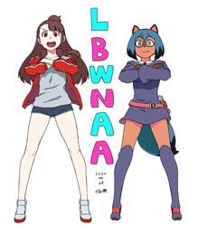  2girls animal_ears brand_new_animal brown_hair closed_mouth company_connection cosplay costume_switch furry furry_female gunbuster_pose highres kagari_atsuko kagari_atsuko_(cosplay) kagemori_michiru kagemori_michiru_(cosplay) little_witch_academia long_hair looking_at_viewer luna_nova_school_uniform multiple_girls open_mouth raccoon_ears raccoon_girl red_eyes school_uniform short_hair simple_background smile trigger_(company) tsukudani_(coke-buta) white_background 