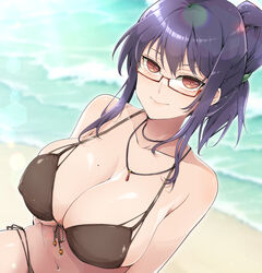  armpit_crease beach bikini black_bikini black_choker blush breasts choker cleavage collarbone covered_nipples day female folded_ponytail front-tie_bikini_top front-tie_top gem glasses jewelry kinako_(mzknk0) large_breasts lens_flare light_particles looking_at_viewer mole mole_on_breast navel ocean outdoors pendant purple_hair red-framed_eyewear red_eyes red_gemstone rin_(senran_kagura) sand senran_kagura senran_kagura_burst shiny_skin shore side-tie_bikini_bottom sidelocks smile solo stomach sunlight swimsuit teacher water waves 