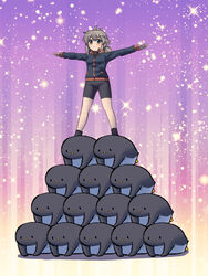  animal antenna_hair bike_shorts bird black_jacket black_shorts black_socks blush breasts brown_hair clone closed_mouth commentary_request female green_eyes hair_between_eyes highres hijikata-san_(m.m) human_pyramid jacket koshirae_tsurugi_(m.m) looking_away low_ponytail m.m original outstretched_arms penguin ponytail shadow short_shorts shorts small_breasts socks spread_arms standing track_jacket v-shaped_eyebrows 