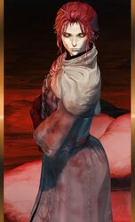  amputee black_sclera blood blood_stain cloak closed_mouth colored_sclera elden_ring female from_above gloves highres jikasei_san looking_at_viewer millicent_(elden_ring) pale_skin red_hair robe short_hair short_ponytail sidelocks yellow_eyes 