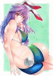  absurdres alternate_costume animal_ears ass bare_arms bare_shoulders bikini blue_bikini breasts closed_mouth covered_nipples female fingernails hair_between_eyes hand_up highres lips long_hair medium_breasts pink_lips purple_hair rabbit_ears rabbit_girl rabbit_tail red_eyes reisen_udongein_inaba rozarin sideboob solo swimsuit tail touhou traditional_media water wet wet_hair 