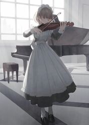  absurdres apron black_dress black_footwear brown_hair closed_eyes closed_mouth commentary day dress female frilled_apron frills grand_piano highres holding holding_instrument holding_violin indoors instrument loafers long_sleeves maid maid_apron maid_headdress music original pantyhose piano piano_bench playing_instrument shii_(kairi-t-k0317) shoes solo standing sunlight violin white_apron white_pantyhose window 