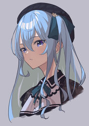  black_headwear blue_eyes blue_hair blue_ribbon female floral_print grey_background hair_between_eyes highres hololive hoshimachi_suisei hoshimachi_suisei_(casual) long_hair neck_ribbon official_alternate_costume official_alternate_hair_length official_alternate_hairstyle osechi_(pixiv56606477) parted_lips portrait ribbon rose_print solo star_(symbol) star_in_eye symbol_in_eye virtual_youtuber wing_collar 