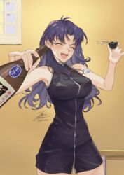  :d alcohol armpits bare_legs black_dress blush bottle breasts calendar_(object) choko_(cup) closed_eyes commentary_request covered_nipples cowboy_shot cross cross_necklace cup dress earrings fadingz female highres holding holding_bottle holding_cup jewelry katsuragi_misato large_breasts long_hair messy_hair narrow_waist necklace neon_genesis_evangelion open_mouth pixiv_id purple_hair sake_bottle short_dress signature sleeveless smile spilling table thighs zipper_dress 