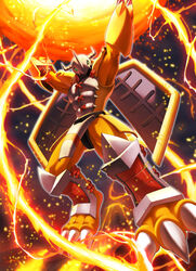  3_claws anthro armor bandai_namco bottomwear casting_spell claw_(weapon) clawed_gauntlets claws clothed clothing digimon digimon_(species) elemental_manipulation elytron fire fire_manipulation fireball gauntlets gloves hair handwear hi_res loincloth looking_at_viewer melee_weapon orange_body raised_arms schynbalds solo spirit_bomb tassets wargreymon weapon yukari_(artist) 