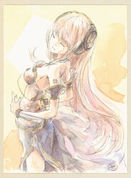  armband bare_shoulders black_skirt closed_eyes commentary cowboy_shot epoxy_putty female from_side gold_trim headphones leaning_back long_hair long_skirt megurine_luka megurine_luka_(vocaloid4) painting_(medium) pink_hair shirt shoulder_tattoo side_slit skirt strapless strapless_shirt tattoo traditional_media v4x very_long_hair vocaloid watercolor_(medium) 