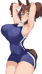  absurdres animal_ears aqua_eyes armpits arms_up blue_one-piece_swimsuit blush breasts brown_hair closed_mouth commentary competition_school_swimsuit competition_swimsuit cowboy_shot female fox_mask highres horse_ears horse_girl horse_tail inari_one_(umamusume) large_breasts looking_at_viewer mask medium_hair oerba_yun_fang one-piece_swimsuit pirukusu presenting_armpit school_swimsuit simple_background skin_fang smile solo swimsuit tail tracen_swimsuit twintails umamusume v-shaped_eyebrows white_background 