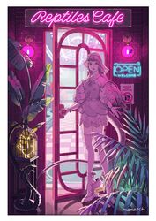  aburage_(motimotigg20) bracelet cage door female full_body glowing high_heels highres jewelry leaf looking_at_viewer neon_lights original plant reflection shorts signature smile solo standing 