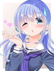  blowing_kiss blue_eyes blue_hair blue_shirt blush brown_background cacao_(chocolat) chestnut_mouth collarbone commentary_request female hair_between_eyes hair_ornament hair_scrunchie heart highres long_hair long_sleeves looking_at_viewer low_twintails nijisanji one_eye_closed parted_lips purple_nails sailor_collar school_uniform scrunchie serafuku shirt solo twintails two-tone_background upper_body virtual_youtuber white_background white_sailor_collar white_scrunchie yuuki_chihiro yuuki_chihiro_(2nd_costume) 