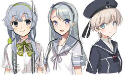  3girls akagi_kurage bad_id bad_twitter_id black_neckerchief blue_eyes bow bowtie clothes_writing dress green_bow green_bowtie grey_hair hair_between_eyes hair_ornament hair_scrunchie hairband hat kantai_collection long_hair multiple_girls neckerchief purple_eyes purple_neckerchief sagiri_(kancolle) sailor_collar sailor_dress school_uniform scrunchie serafuku shirt short_hair sidelocks simple_background smile suspenders white_background white_shirt yamagumo_(kancolle) z1_leberecht_maass_(kancolle) 