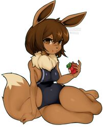  2023 5_fingers anthro artist_name breasts brown_eyes brown_hair clothed clothing coffeechicken dipstick_tail eevee female fingers food fruit generation_1_pokemon hair hi_res holding_food holding_object looking_at_viewer markings neck_tuft nintendo one-piece_swimsuit plant pokemon pokemon_(species) pokemon_berry short_hair simple_background solo swimwear tail tail_markings tamato_berry tuft white_background 