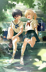  2girls adjusting_clothes adjusting_legwear bag barefoot black_hair blonde_hair blue_neckerchief blush closed_eyes feet hair_ribbon hair_tie highres leaf legs long_hair looking_at_another multiple_girls neckerchief no_shoes original outdoors pleated_skirt red_neckerchief ribbon sailor_collar school_bag school_uniform serafuku short_hair sitting skirt smile soaking_feet soles toes water white_ribbon white_sailor_collar yukimaru_nun 