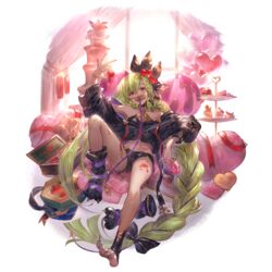  black_shorts braid curtains doughnut female food full_body granblue_fantasy green_hair hair_ornament halterneck hand_up heart heart-shaped_pillow helel_ben_shalem helel_ben_shalem_(coco-coated_dreams)_(granblue_fantasy) holding leaning_back leaning_on_object long_hair long_toenails looking_at_viewer minaba_hideo off-shoulder_sweater off_shoulder official_art pacifier pillow red_eyes short_shorts shorts sitting solo stomach sweater third-party_source toenails transparent_background very_long_hair 