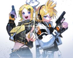  1boy :d against_fourth_wall binary black_gloves blonde_hair blue_eyes blue_jacket closed_mouth commentary crop_top dotori_(seulseul) female finger_on_trigger fingerless_gloves gloves gun hair_ornament hairclip hand_up handgun headphones highres holding holding_gun holding_weapon holographic_touchscreen honeycomb_(pattern) jacket kagamine_len kagamine_rin long_sleeves looking_at_viewer midriff neckerchief open_mouth outstretched_arm panty_straps pointing pointing_at_viewer ponytail popped_collar pressing reaching reaching_towards_viewer short_hair skull_and_crossbones skull_hair_ornament smile target trigger_discipline upper_body vocaloid weapon white_background yellow_gloves yellow_neckerchief 