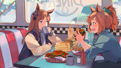  2girls absurdres alternate_costume animal_ears aqua_eyes bendy_straw blue_eyes booth_seating brown_hair burger cheese coffee coffee_mug commentary_request cup diner drinking_straw ear_ornament ear_ribbon eyebrows_hidden_by_hair food french_fries fuyukayui glass grass_wonder_(umamusume) hair_ornament high_ponytail highres horse_ears horse_girl horseshoe_print ice_cream jacket ketchup_bottle letterman_jacket light_brown_hair long_sleeves mug multicolored_hair multiple_girls pancake salt_shaker sandwich sideways_glance star_(symbol) star_hair_ornament sundae taiki_shuttle_(umamusume) toothpick two-tone_hair umamusume volkswagen_beetle 