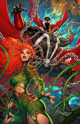  1boy artist_name bodysuit bracelet cape chains comic_cover commentary crossover dated david_nakayama dc_comics english_commentary female green_bodysuit highres jewelry long_hair official_art orange_hair plant poison_ivy red_cape spawn_(comic) spawn_(spawn) spiked_anklet spiked_bracelet spikes torn_bodysuit torn_clothes vines watermark 