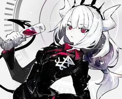  blush breasts commentary_request demon_girl demon_horns demon_tail female formal gloves helltaker horns kusakanmuri long_hair looking_at_viewer lucifer_(helltaker) mole mole_under_eye necktie red_eyes red_shirt shirt simple_background solo suit tail white_hair white_horns 