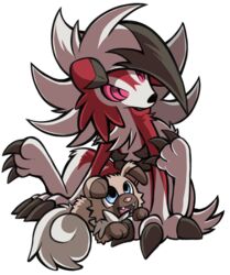  2018 3_fingers 3_toes alpha_channel ambiguous_gender anthro black_claws black_nose blue_eyes brown_body brown_fur claws duo fangs feet feral fingers fur generation_7_pokemon hair happy lycanroc midnight_lycanroc nintendo open_mouth open_smile pink_nose pokemon pokemon_(species) portugueselynx red_body red_fur rockruff simple_background sitting smile teeth toe_claws toes tongue transparent_background tuft unavailable_at_source white_body white_fur white_hair 