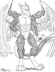  2020 angel_dragon anthro canid canine canis dragon fan_character feathers fur hi_res hybrid looking_at_viewer male mammal marcushunter monochrome mouth_closed mythological_creature mythological_scalie mythology nude scalie signature solo standing tail wings wolf 