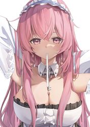  arms_behind_head azur_lane bare_shoulders breasts cleavage collarbone detached_collar detached_sleeves dress female frilled_dress frills hairband highres large_breasts long_hair long_sleeves looking_at_viewer mouth_hold perseus_(azur_lane) pink_eyes pink_hair simple_background sleeves_past_wrists soar_sora222 solo strapless strapless_dress very_long_hair white_background white_dress white_hairband 