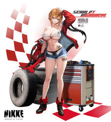  absurdres adjustable_wrench armpits bare_shoulders blonde_hair boots breasts cleavage denim denim_shorts dramz female goddess_of_victory:_nikke high_heels highres large_breasts maxwell_(nikke) navel open_clothes open_fly open_shorts short_hair shorts sidelocks single_bare_shoulder smile solo sports_bra stomach tools underboob unzipped wheel white_sports_bra wrench 