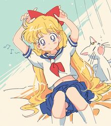  aino_minako arms_up artemis_(sailor_moon) bishoujo_senshi_sailor_moon blonde_hair blue_eyes blue_sailor_collar blue_skirt blush_stickers bow closed_eyes commentary crescent crescent_facial_mark facial_mark feline female forehead_mark hairbow juuban_middle_school_uniform kneehighs long_hair midriff musical_note navel neckerchief oerba_yun_fang open_mouth pleated_skirt red_bow red_neckerchief sailor_collar school_uniform serafuku shirt short_sleeves sitting skirt socks suzuki_(2red_moon3) symbol-only_commentary teenage very_long_hair white_cat white_legwear white_shirt yawning 