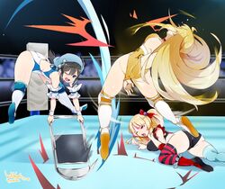  3girls :d ashley_taylor bear_hair_ornament black_choker blonde_hair blue_eyes blunt_bangs blunt_ends bracelet breasts cartoon_bone chair chiaki_riko choker commission dot_nose flat_chest folding_chair frilled_bracelet gem hair_ornament hanzo_(2929) high_ponytail isabeau_de_baviere_(madoka_magica) jewelry large_breasts long_hair magia_record:_mahou_shoujo_madoka_magica_gaiden mahou_shoujo_madoka_magica mahou_shoujo_tart_magica multiple_girls open_mouth red_eyes sidelocks skeb_commission smile sportswear thighs wrestling wrestling_outfit wrestling_ring 