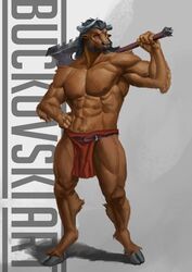  absurd_res anthro axe bottomwear bovid bovine brown_body brown_eyes brown_fur buckovskiart cattle clothing european_mythology fantasy_creature fur greek_mythology hi_res hooves loincloth male mammal minotaur muscle_tone muscular muscular_male mythology nipples solo tarus 