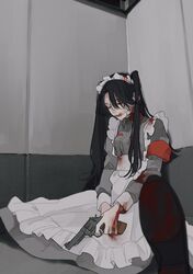  apron black_hair blood blood_on_face blood_stain closed_eyes commentary dress female frilled_apron frills grey_dress gun highres holding holding_gun holding_weapon long_hair long_sleeves maid maid_apron maid_headdress original sitting solo tami_moon weapon 