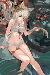  absurdres animal_ear_fluff animal_ears arknights arm_support artist_name bare_shoulders barefoot bikini blush breasts brown_eyes closed_mouth collarbone commentary criss-cross_halter extra_ears eyebrows_hidden_by_hair female grey_hair groin hair_between_eyes halterneck highres holding holding_own_hair horse_ears laurel_crown long_hair looking_at_viewer lyib medium_breasts midriff navel official_alternate_costume platinum_(arknights) platinum_(shimmering_dew)_(arknights) rock sidelocks sitting smile solo swimsuit thighlet tree tree_shade very_long_hair white_bikini 