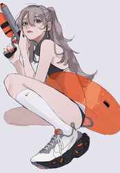  bikini black_bikini black_eyes female grey_background grey_hair hair_between_eyes highres kneehighs long_hair mole mole_under_eye original red_nails shoes simple_background sneakers socks solo swimsuit tami_moon white_footwear white_legwear 