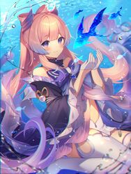  bad_id bad_twitter_id blunt_bangs bow bow-shaped_hair breasts detached_collar female fish frilled_sleeves frills genshin_impact gloves gradient_hair highres homaderi long_hair multicolored_hair pink_hair ponytail purple_eyes sangonomiya_kokomi thighhighs underwater white_gloves white_legwear 