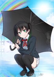  black_footwear black_hair black_jacket black_thighhighs blazer blue_sky blush bow bowtie bridge checkered_clothes checkered_skirt commentary_request female gradient_hair green_eyes green_hair grey_skirt grey_vest highres holding holding_umbrella jacket long_sleeves looking_at_viewer love_live! love_live!_nijigasaki_high_school_idol_club medium_hair multicolored_hair on_water outdoors rainbow red_bow shirt shoes signature skirt sky smile solo squatting sun takasaki_yu thighhighs umbrella vest water white_shirt wing_collar zero-theme 