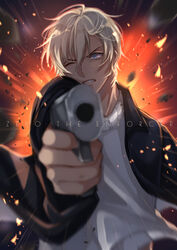  1boy absurdres aiming aiming_at_viewer amuro_tooru black_jacket blonde_hair blue_eyes blurry cardigan chitose_(chitose_70207) clenched_teeth commentary_request copyright_name debris depth_of_field english_text gradient_background gun hair_between_eyes handgun highres holding holding_gun holding_weapon jacket male_focus meitantei_conan one_eye_closed open_clothes open_jacket short_hair solo teeth upper_body weapon white_cardigan 