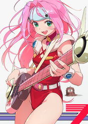  1girls 2020 ameno_tetsuo bass_guitar blurry breasts circlet clothing cowboy_shot depth_of_field electric_guitar female green_eyes guitar highres instrument leotard long_hair looking_at_viewer macross macross_7 mylene_flare_jenius pale-skinned_female pale_skin pink_hair red_leotard smile solo zentradi 