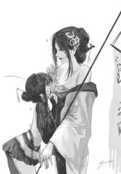 2girls age_difference black_hair chinese_clothes choryu_desu cowboy_shot greyscale hanfu highres leaning_on_person looking_at_another monochrome multiple_girls onee-loli path_to_nowhere skirt yingying_(path_to_nowhere) yuri 