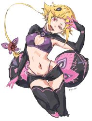  arm_up armpits bikini black_bridal_gauntlets black_shorts black_shrug black_thighhighs blonde_hair blunt_bangs breasts bridal_gauntlets capella_emerada_lugnica commentary_request danroneko evil_grin evil_smile female flesh_storage_bulbs grin groin hair_ornament highleg highleg_bikini highres looking_at_viewer micro_shorts navel oerba_yun_fang open_fly purple_bikini re:zero_kara_hajimeru_isekai_seikatsu red_eyes short_hair short_hair_with_long_locks shorts shrug_(clothing) sidelocks signature simple_background skindentation small_breasts smile solo stomach swimsuit teeth thighhighs white_background 