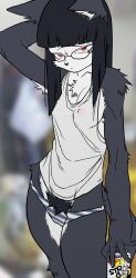  2019 akuma_gaoru alcohol anthro beverage beverage_can black_hair black_pubes blurred_background bottomwear can canid canine canis chest_tuft clothing container covered_nipples eyewear female fur futaba_channel glasses grey_body grey_ears grey_fur grey_tail hair hi_res holding_can holding_container holding_object inside kuro_gao-san mammal multicolored_body multicolored_fur nipple_outline panties pattern_bottomwear pattern_clothing pattern_panties pattern_underwear pubes quququl red_eyes sanpaku shirt solo striped_bottomwear striped_clothing striped_panties striped_underwear stripes strong_zero tail topwear tuft two_tone_body two_tone_fur underwear white_armpit_hair white_body white_clothing white_fur white_inner_ear white_shirt white_topwear 