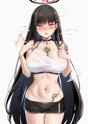  absurdres arm_tattoo baltimore_(azur_lane) baltimore_(azur_lane)_(cosplay) black_choker black_hair black_halo black_shorts blue_archive blunt_bangs blush bra breasts chest_tattoo choker cleavage cosplay cowboy_shot fanning_face fanning_self female flower_tattoo hair_ornament hairclip hairpin halo hand_on_own_chest highres hot large_breasts long_hair looking_at_viewer midriff navel open_mouth red_eyes rio_(blue_archive) see-through_bra see-through_clothes shiny_skin short_shorts shorts simple_background solo sports_bra sportswear steaming_body stomach_tattoo sweat sweatdrop tattoo underwear very_long_hair white_background white_sports_bra yoshimoto_(carpsukidayo) 